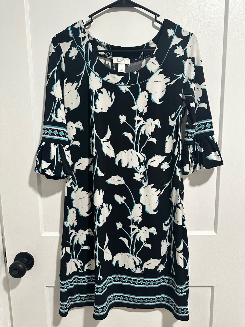 LOFT Black Midi Dress with White Floral and Teal Trim